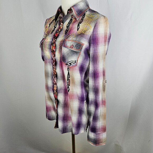 NWT! Roar Native Song Shirt Medium Plaid Embroidered Rhinestone Western Purple - Picture 6 of 15
